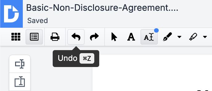 The "Undo" button in DocHub's editor toolbar, with a tooltip showing its keyboard shortcut, Cmd/Ctrl + Z.