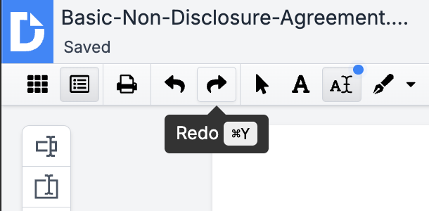 A tooltip shows the keyboard shortcut (Cmd/Ctrl + Y) for the “Redo” button on DocHub’s editor toolbar.