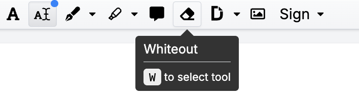 A screenshot of DocHub’s editor toolbar, with the “Whiteout” tool highlighted and its keyboard shortcut (W) displayed in a tooltip.