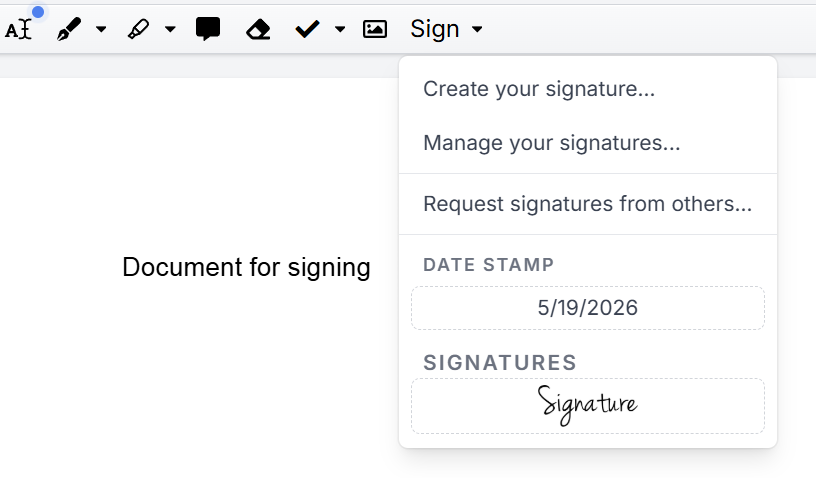 The DocHub signing menu provides options to create and manage signatures, request signatures, add a date stamp, or insert saved electronic signatures into a document.