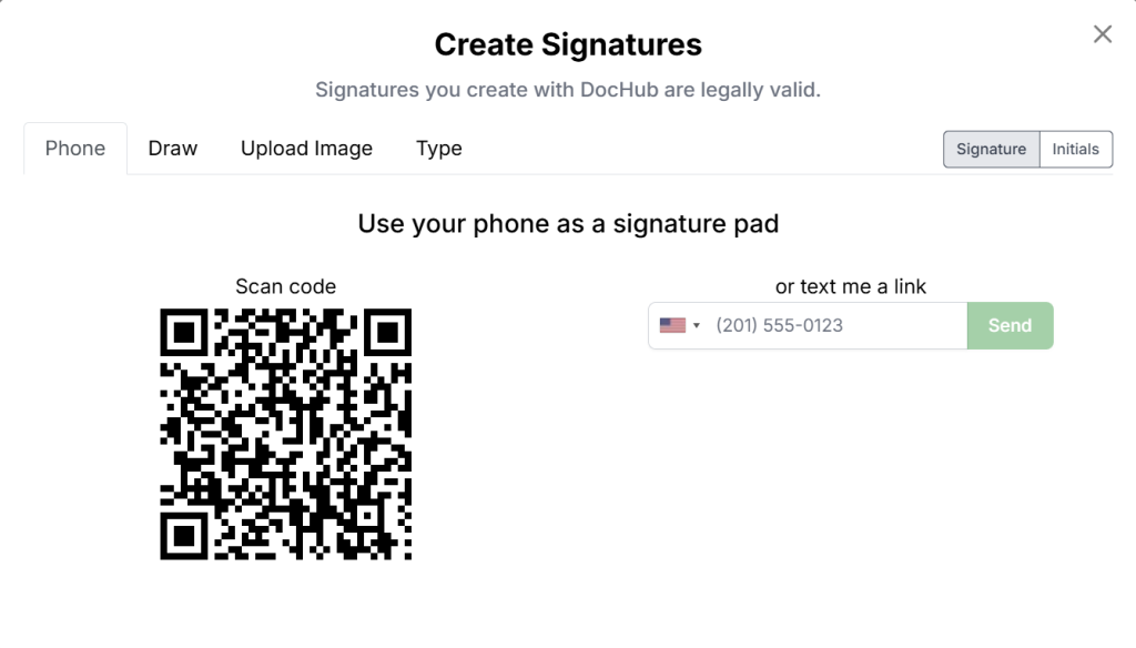 DocHub's "Create Signatures" popup provides multiple ways to create legally valid electronic signatures. For mobile signing, DocHub offers the convenience of using a QR code or a text link to sign on a phone.
