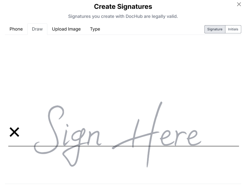 DocHub “Create Signatures” window showing the Draw option for creating an electronic signature. Users can draw a handwritten signature directly on the screen, upload a signature image, type a signature, or create one using a mobile phone. The interface includes tabs for Signature and Initials.