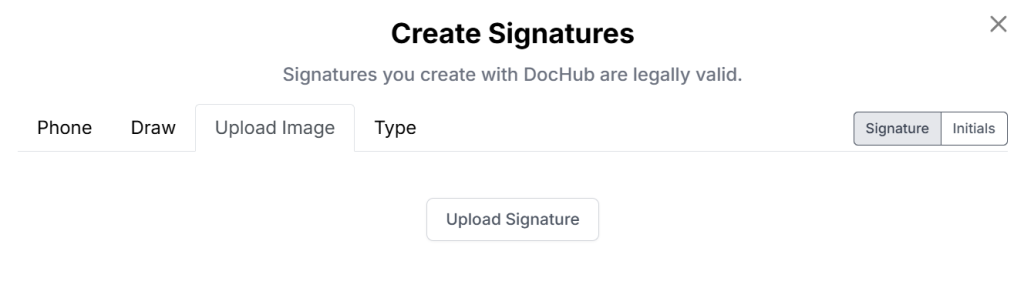 DocHub “Create Signatures” dialog with the Upload Image tab selected. The interface allows users to upload an image of their handwritten signature or initials to create a legally valid electronic signature for signing PDF documents online.