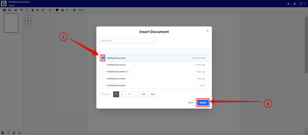 DocHub’s Insert Document dialog showing the file import menu with the selected document to import.