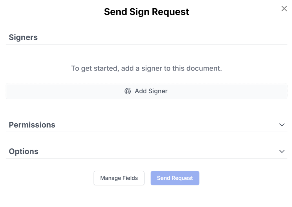 DocHub Send Sign Request dialog showing options to add signers, configure permissions, and customize request settings before sending a document for electronic signature. The interface includes Add Signer, Manage Fields, and Send Request controls.