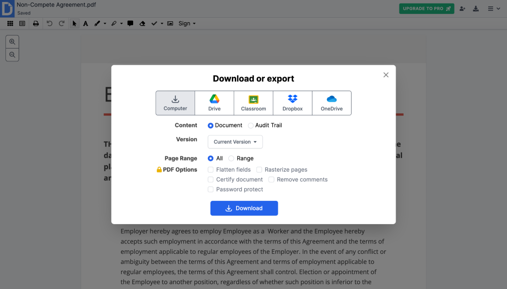 Document export and download options in DocHub, illustrated on a screenshot of a real user flow.