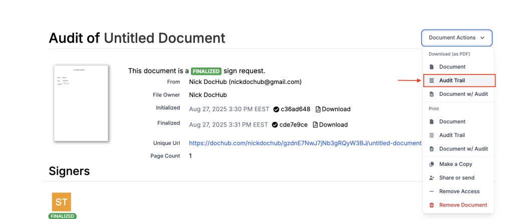 Screenshot of the DocHub interface displaying how to check the document's audit trail. Key details such as timestamps and signer status are clearly displayed. The highlighted 'Audit Trail' option in the dropdown menu shows how to track document activity.