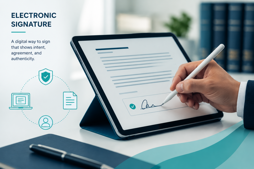 Professional illustration of a business person using a stylus to sign a document electronically on a tablet, with icons representing security, identity, documents, and digital access.