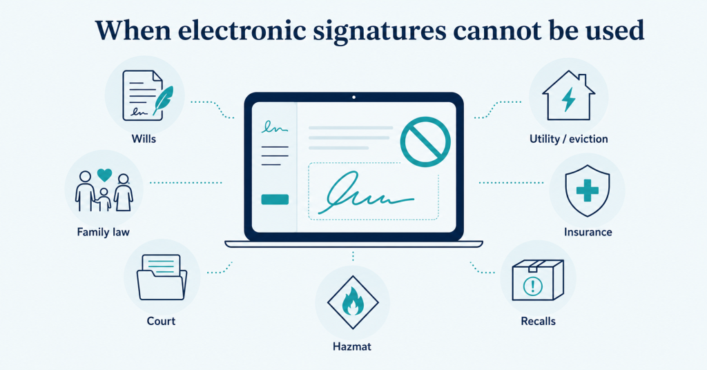 Infographic showing situations where electronic signatures cannot be used, including wills, family law, court documents, some insurance notices, recalls, hazmat records, and utility or eviction notices.