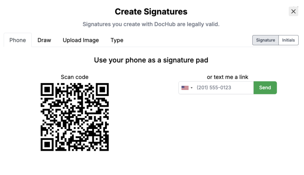 Whether self-signing or completing a signature field, there are four ways to create signatures in your DocHub.