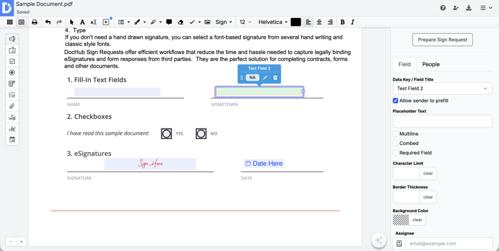 Add Initials, Date, and Text fields to complete the signature block.