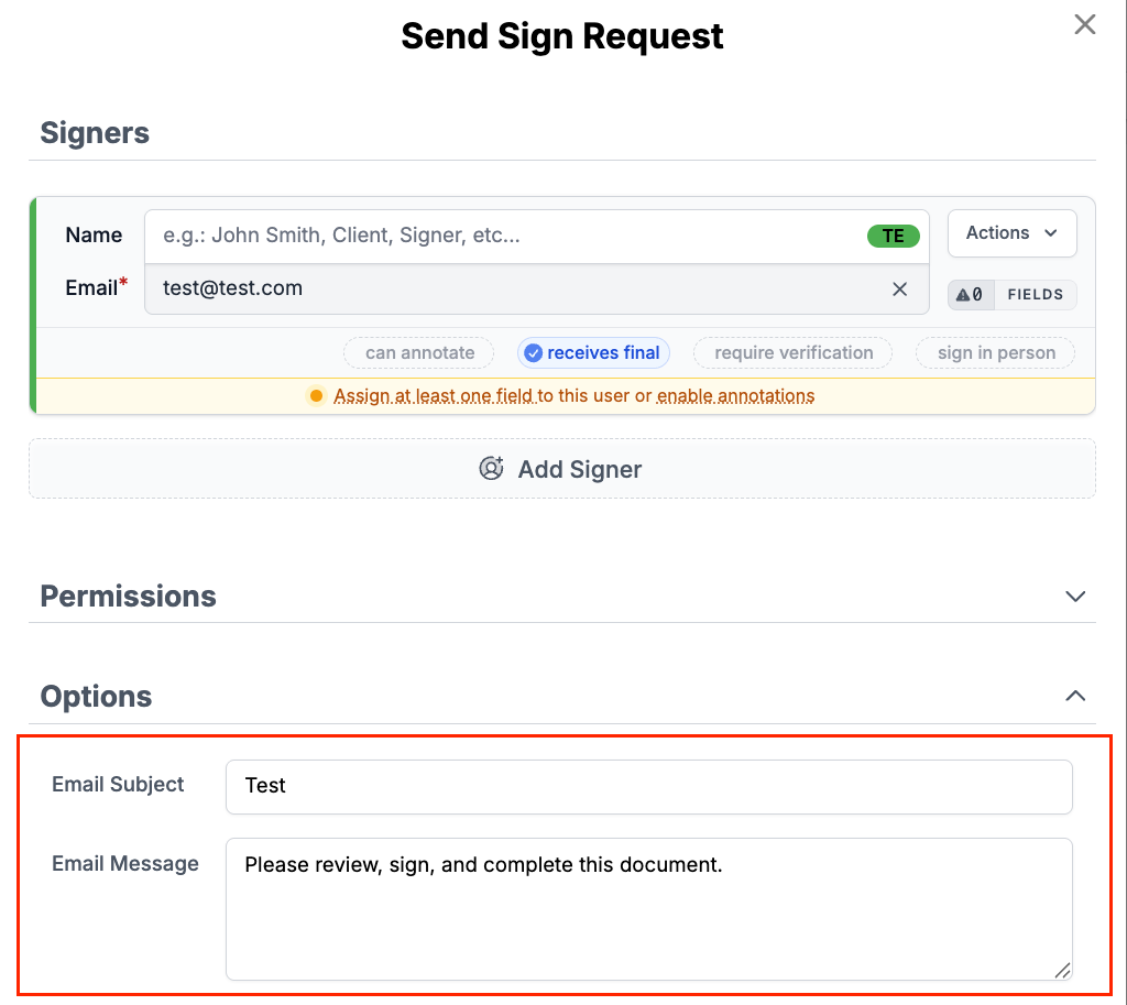 DocHub sign request options showing automated reminders, expiration settings, signer authentication, and certified PDF preferences.