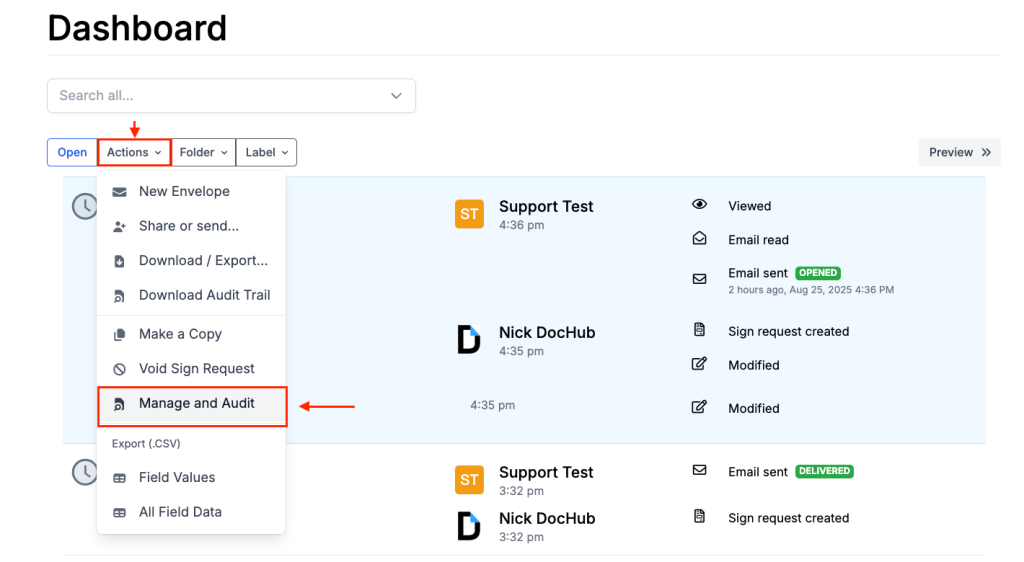 DocHub dashboard Actions menu highlighting the Manage and Audit option for tracking Sign Request activity and document history.