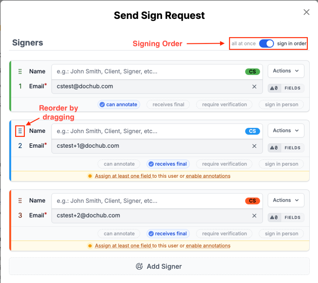 DocHub sign request window showing multiple signers, signing order toggle, and drag-and-drop recipient reordering.