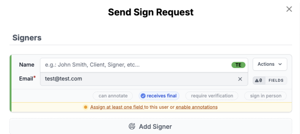 DocHub Send Sign Request dialog showing signer details, recipient permissions, verification options, and field assignment controls.
