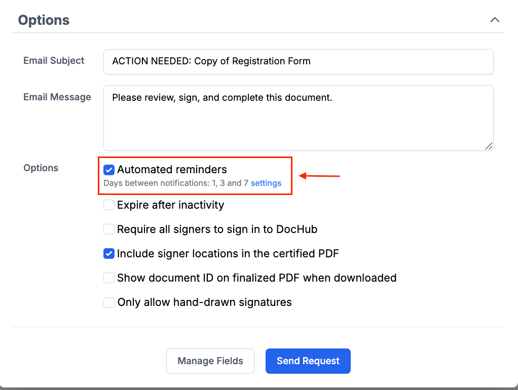 DocHub sign request options showing automated reminders, expiration settings, signer authentication, and certified PDF preferences.