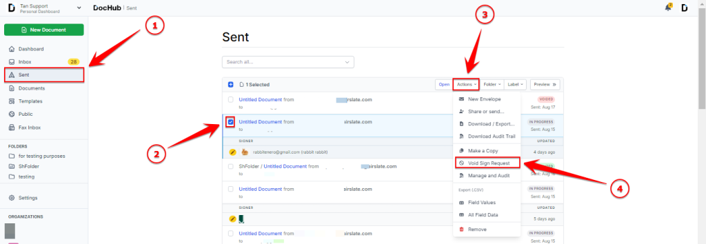 DocHub Sent documents page showing how to void a signature request by selecting a sent document, opening the Actions menu, and choosing the Void Sign Request option.
