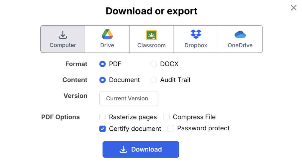 DocHub download options showing PDF export settings with document certification enabled.
