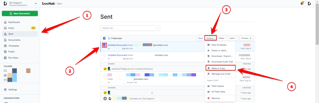 DocHub Sent folder showing how to create a copy of a completed or voided signature request by selecting the document, opening the Actions menu, and choosing Make a Copy.