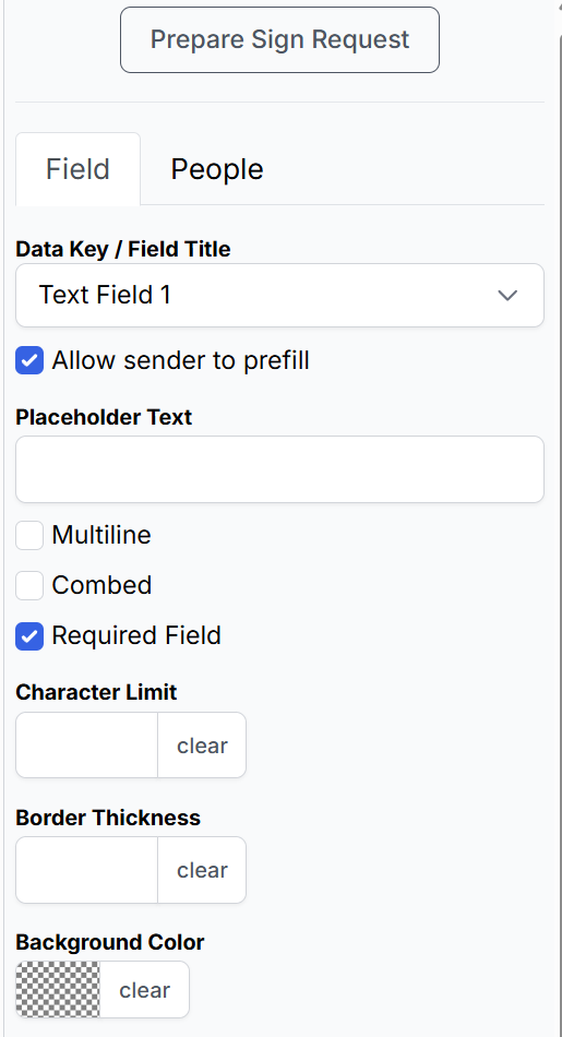 DocHub Prepare Sign Request panel showing text field settings, including field title, sender prefill, placeholder text, multiline input, required field, character limit, border thickness, and background color options.