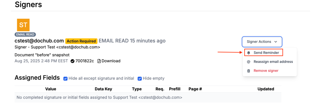 DocHub Sign Request management page showing the Signer Actions menu with the Send Reminder option for manually sending a reminder email to a recipient who has not yet completed a signature request.