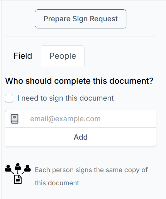 DocHub Prepare Sign Request panel for adding signers, including yourself, and assigning recipients to complete the document.