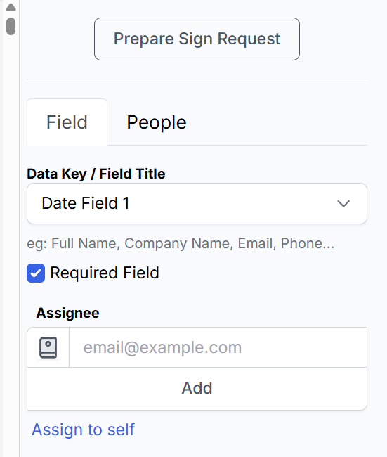 DocHub sign request setup panel showing field assignment, required field option, and signer email assignment.