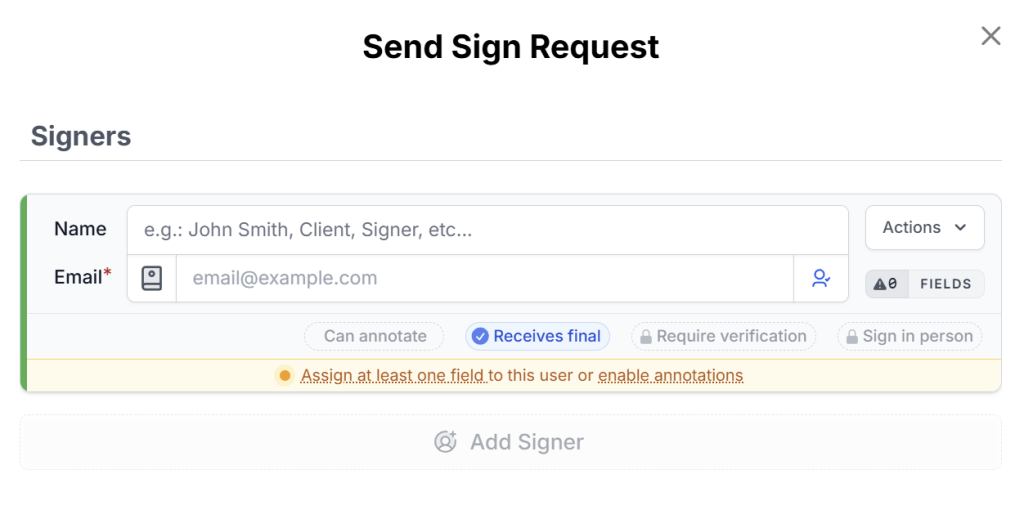DocHub Send Sign Request dialog showing signer details, recipient permissions, verification options, and field assignment controls.