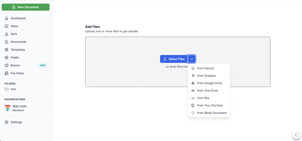 Alt: Drag and drop your document to the DocHub dashboard or import it directly from your device, Google Drive, Dropbox, OneDrive, or Box.