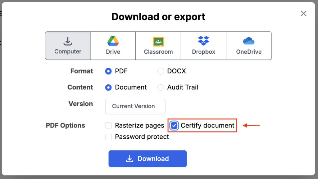 Screenshot of the DocHub Download or export window with PDF settings selected, highlighting the “Certify document” option before downloading a file to a computer.