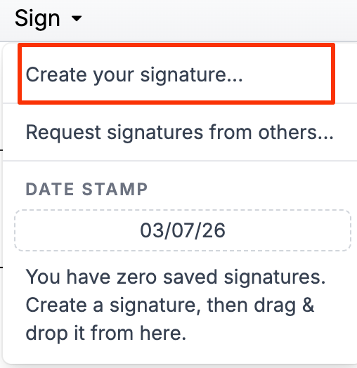 Screenshot of the DocHub Sign menu opened above a document, showing options to create a signature, request signatures from others, and add a date stamp.