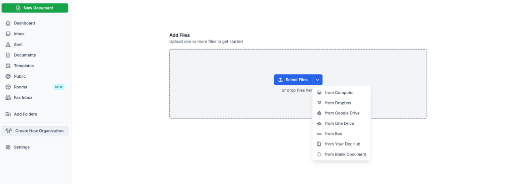 Screenshot of the DocHub dashboard interface, highlighting the "New Document" button in the top-left corner and the file uploader in the center of the page. The uploader features a "Select Files" button that opens a dropdown menu, offering options to upload from a computer, Dropbox, Google Drive, OneDrive, Box, an existing DocHub file, or a blank document.