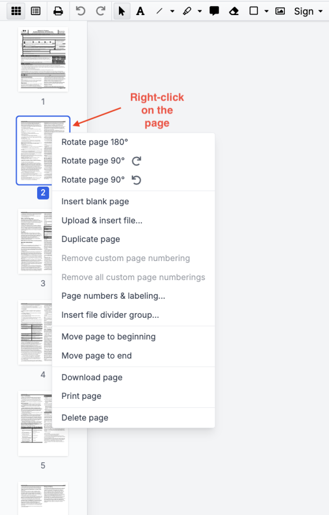 A screenshot of the DocHub editor displaying the page thumbnails panel, with page 2 of the document selected. A right-click context menu is open, presenting options to rotate, insert, move, download, print, or delete the selected page.
