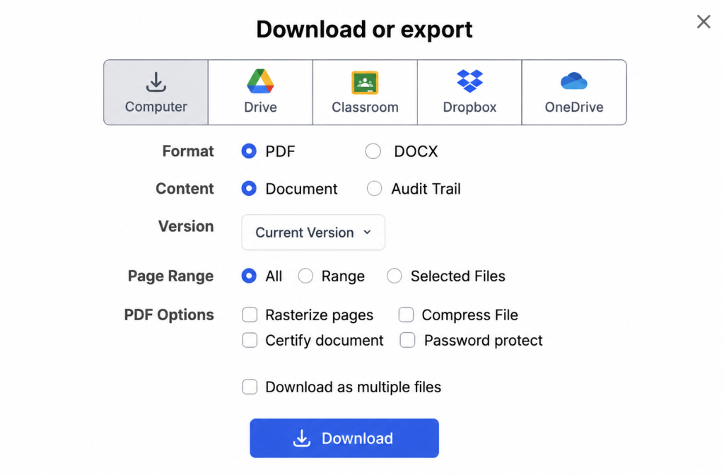 DocHub download settings with multiple file export option.