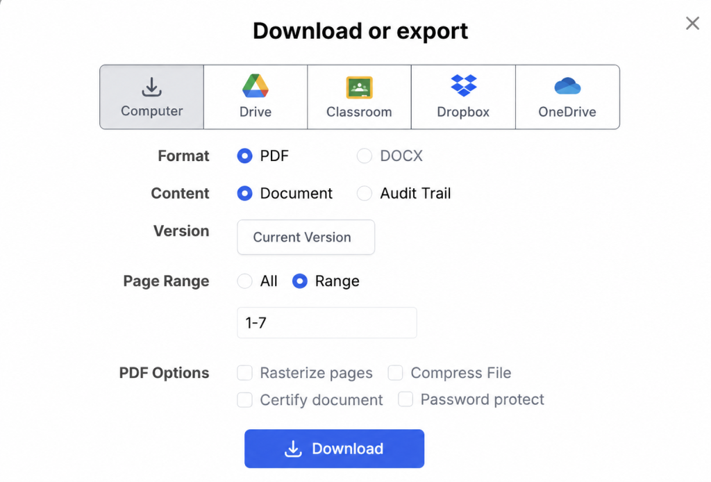 DocHub download settings with a custom PDF page range.