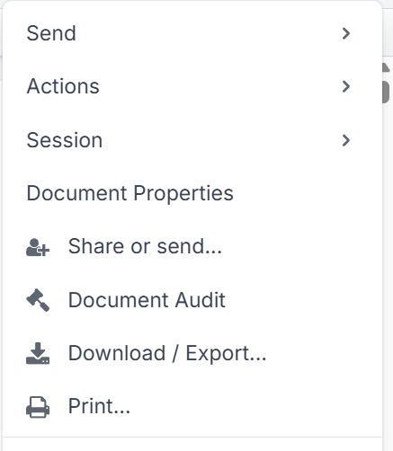 DocHub document actions menu with sharing and export options.