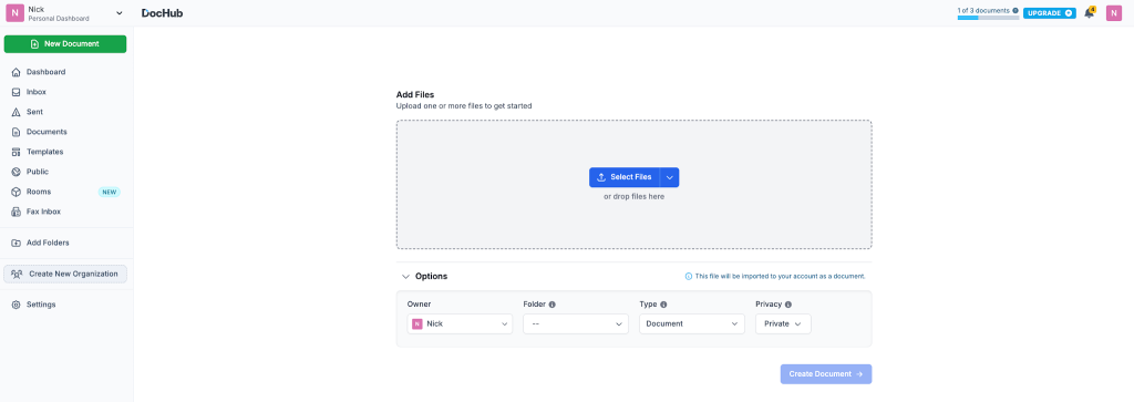 DocHub New Document page with file upload and document settings.