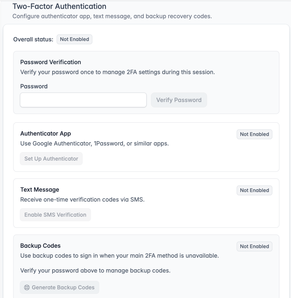 A screenshot of DocHub's account settings page, displaying two-factor authentication options such as an authenticator app, SMS verification, and backup codes.
