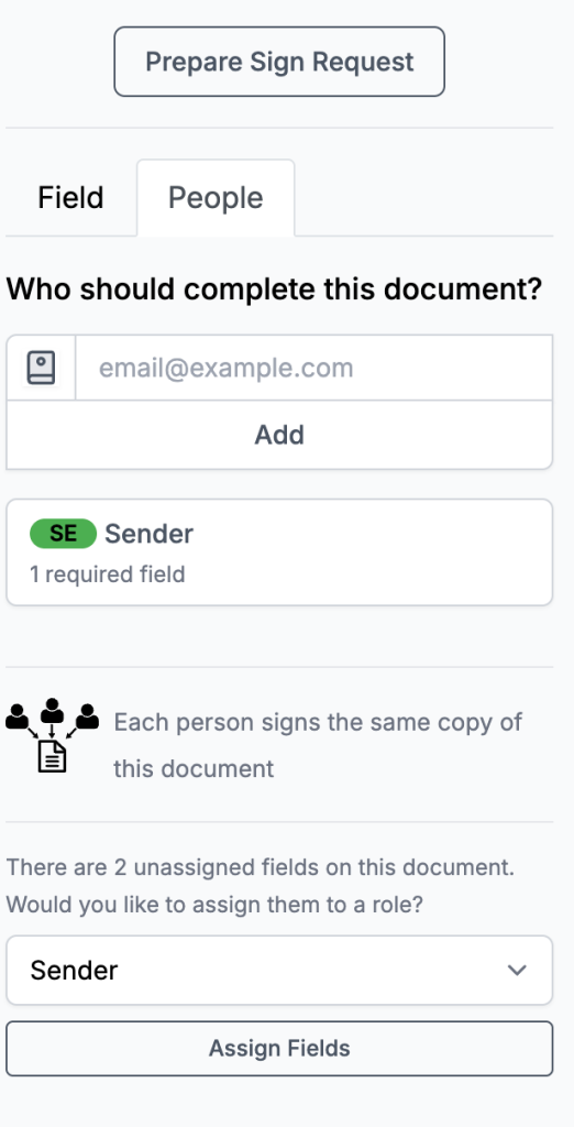 Screenshot of DocHub’s interface, showcasing the Prepare Sign Request panel, where you can assign fields to particular signers.