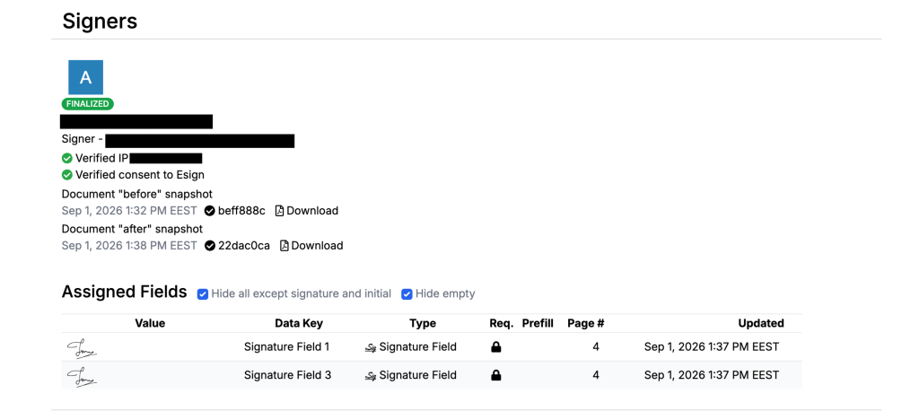 Screenshot of DocHub audit trail fragment showing a finalized signer record with verified IP, eSign consent, document snapshots, and signed fields with timestamps.