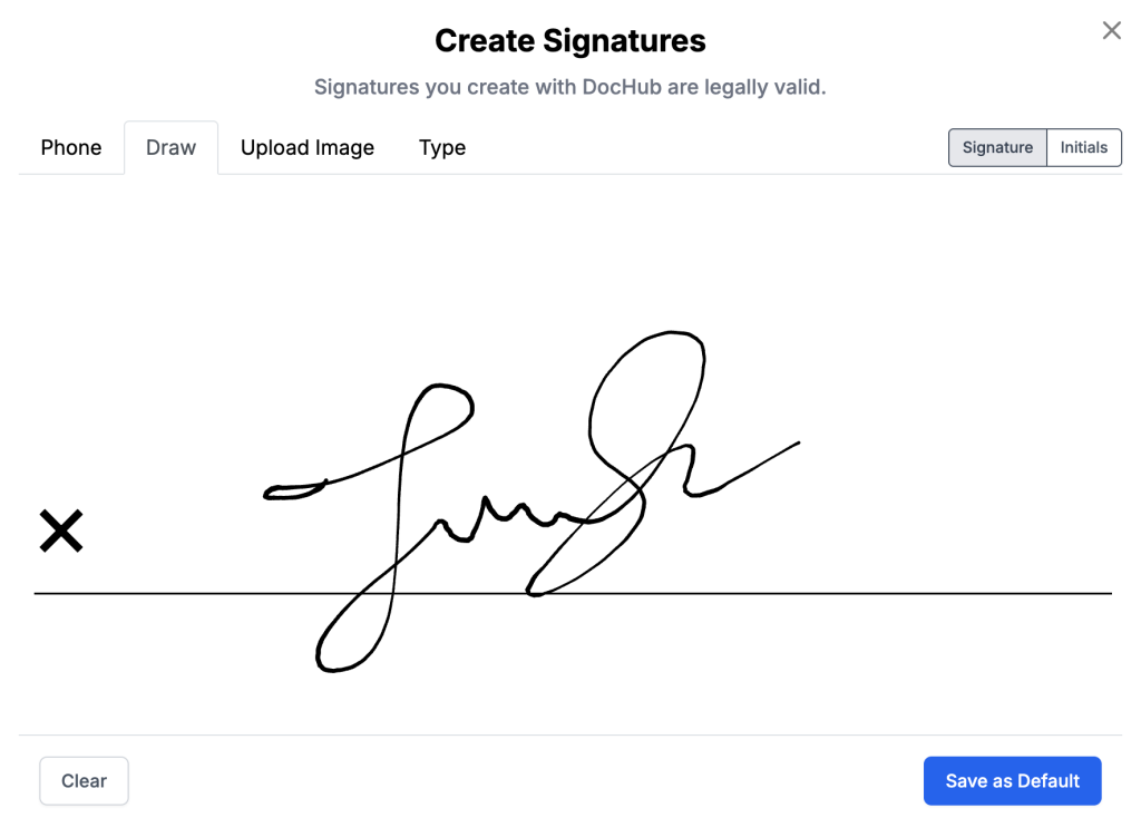 Screenshot of the DocHub Create Signatures window, with the Draw tab open and a handwritten signature drawn on the signature line. At the bottom of the window, there are two buttons - Clear and Save as Default.