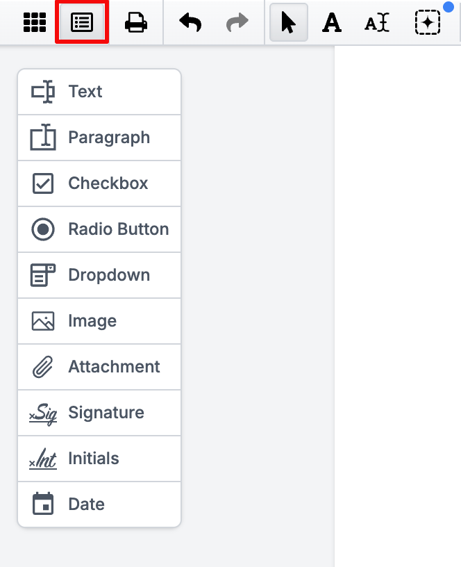 Screenshot of DocHub's editing interface showcasing a fragment of the main toolbar with the Manage Fields tool highlighted alongside the side panel displaying interactive fillable fields.