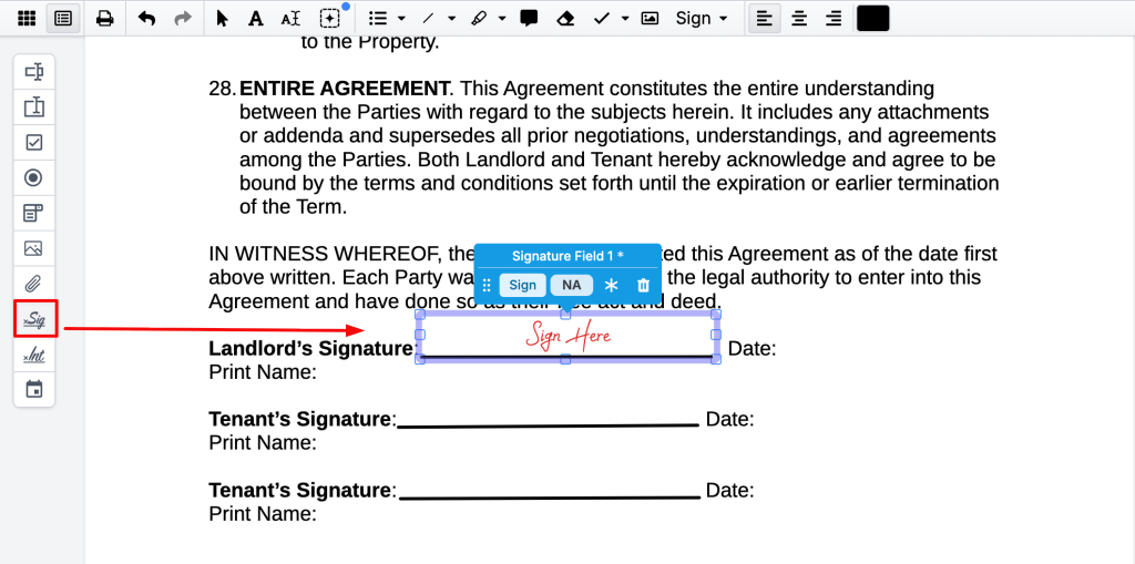 A screenshot depicting a portion of a standard Lease Agreement, highlighting a Signature Field positioned beside the text "Landlord's Signature," accompanied by a red arrow pointing to where the field was placed.