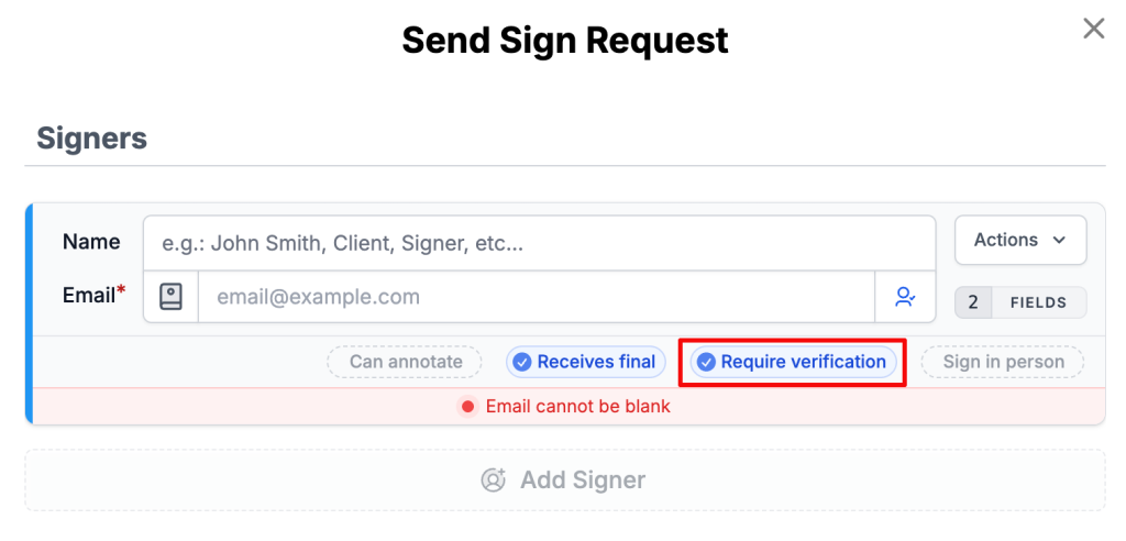 Screenshot of the DocHub Send Sign Request window showing signer setup options, with the Require verification setting enabled and an email field error message.