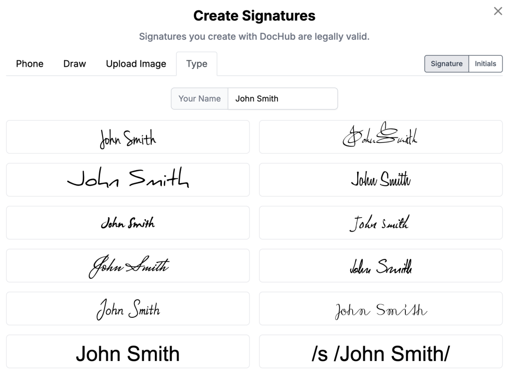 Screenshot of the DocHub Create Signatures window with the Type tab open, showing multiple signature styles generated from the name John Smith.