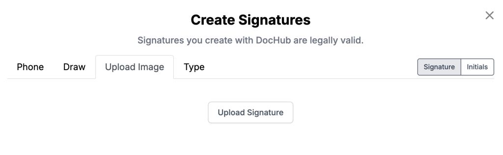 Screenshot of the DocHub Create Signatures window with the Upload Image tab open and an Upload Signature button displayed at the center.