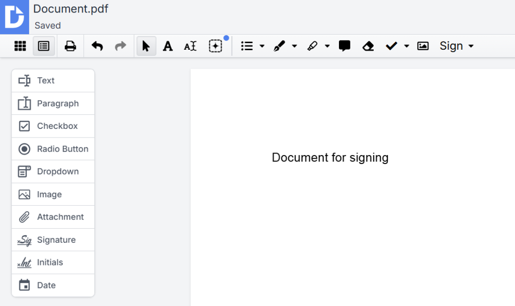 DocHub PDF editor showing editing and form field tools for text, paragraphs, checkboxes, radio buttons, dropdowns, images, attachments, signatures, initials, and dates.