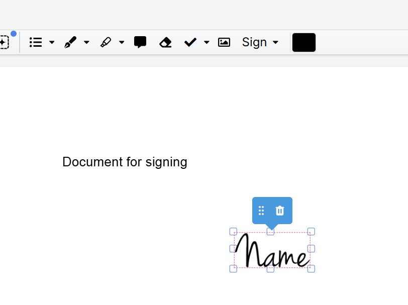 DocHub editor showing a handwritten signature or initials selected on a PDF, with controls for repositioning or deleting the element.