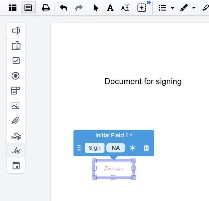 DocHub editor showing an Initial Field assigned to a recipient on a PDF, with controls to sign, mark the field as not applicable, reposition it, or delete it.