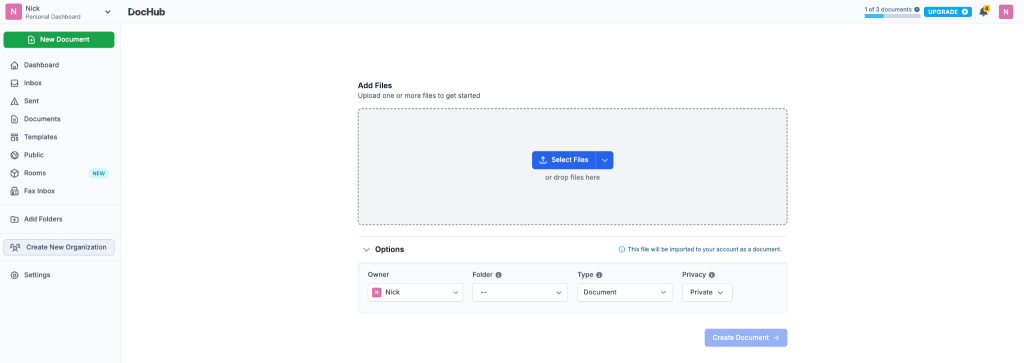 DocHub New Document upload page showing options to select or drag and drop files, choose an owner and folder, set the document type and privacy, and create the document.